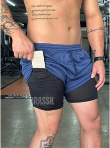 Bermuda Short 2 In 1 Brassk Dry Active Men's Gym Training Running With Elastane - Màu xanh hải quân - Xem 2