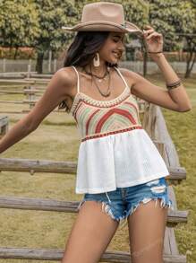 Top de punto blanco sexy con escote en V, agujeros, para vacaciones en la playa, fiestas, festivales de música como Coachella, con volantes y espalda descubierta de ganchillo