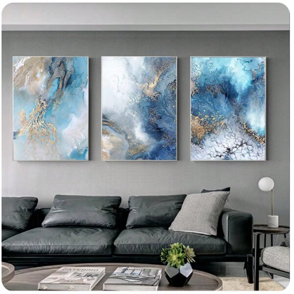 3 pezzi Pittura su tela con astratto blu e oro, immagini paesaggistiche moderne per decorazione parete del salotto di casa, design autoadesivo, facile installazione