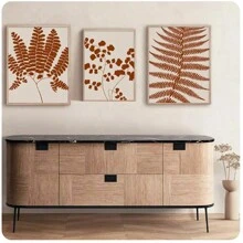 3pcs Self Adhesive Abstract Orange Plant Leaves Posters Farmhouse Fern Canvas Painting Modern Gallery Wall Art Room Decor Pictures Self-Adhesive Design, Easy To Install﻿