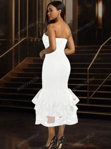 Sexy Strapless Mesh Bodycon Layered Mini Graduation White Dress, For Birthday, Wedding Guest, Graduation, Dinner, Homecoming,Party Dress,Gown,Formal,Evening