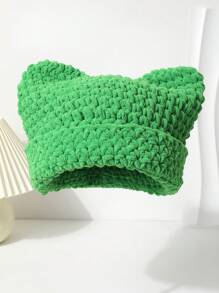 1 pieza Gorro de punto hecho a mano de unicolor con orejas de gato, nuevo gorro de punto grueso para protección de orejas en otoño/invierno, sombrero versátil y de moda único para mujer