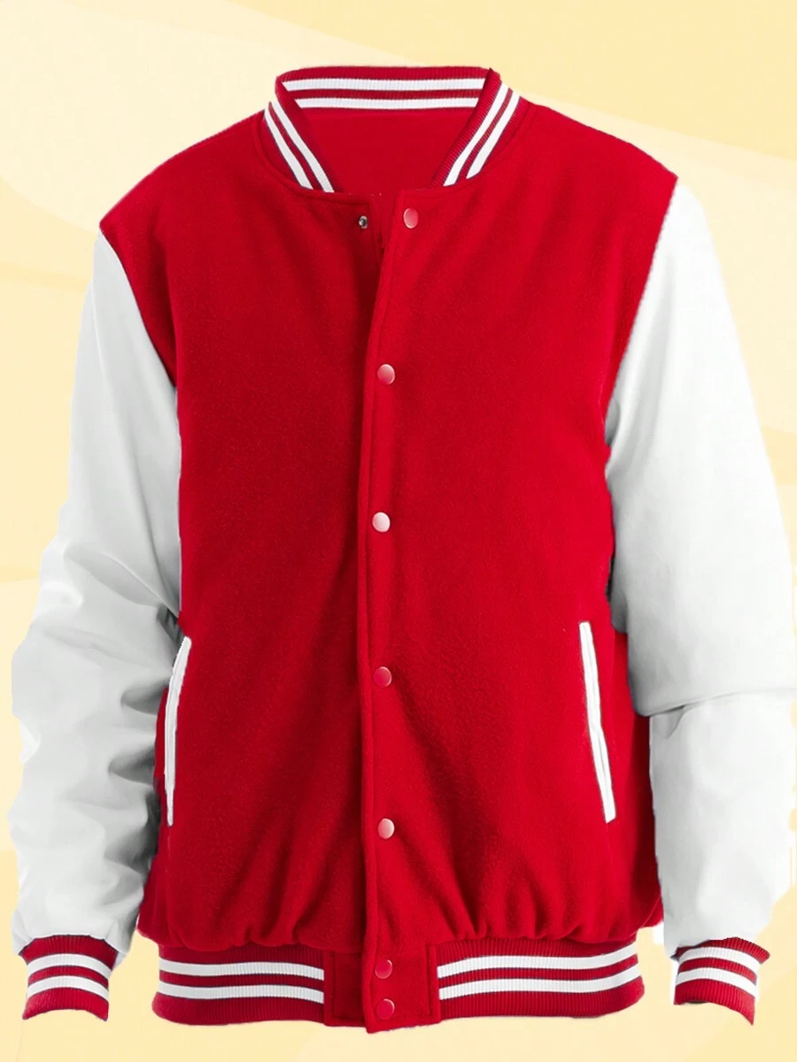 Mens Melton Faux Leather PU Sleeve Letterman Varsity Jacket Casual New Autumn Men Jacket - 紅色 - 查看 1