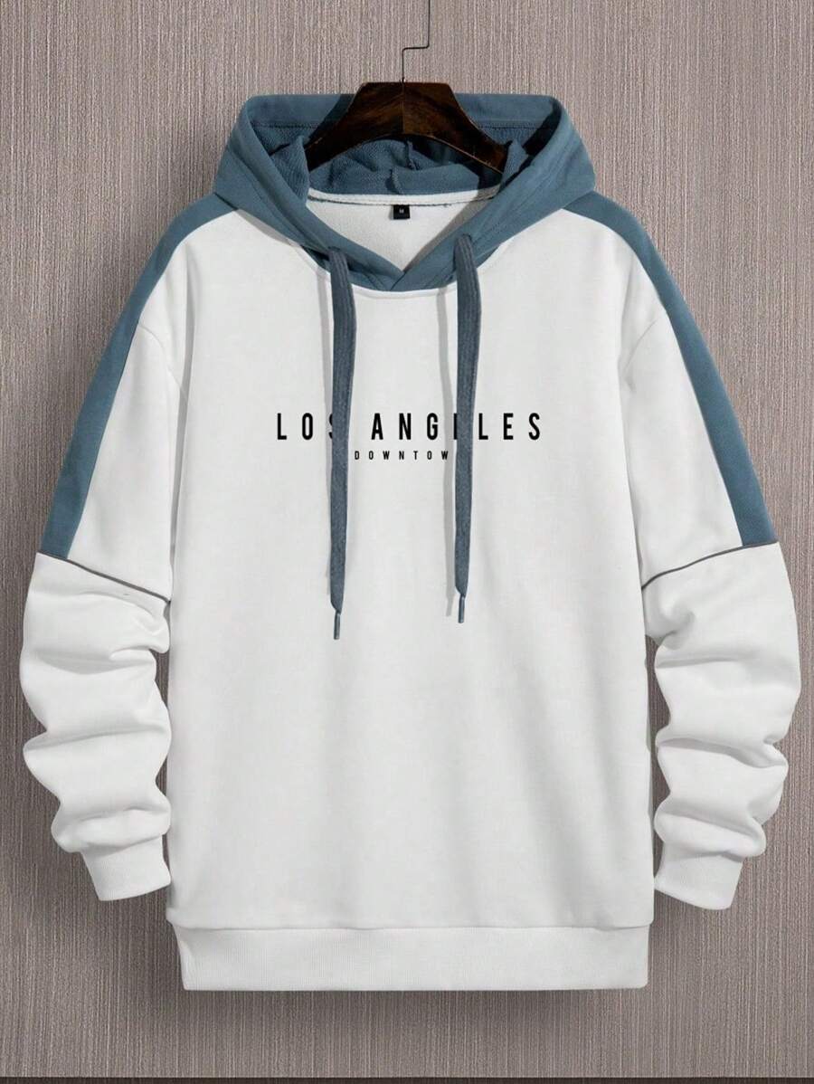 Men Fashion Colorblock Letter Print Hoodie Sweatshirt, Autumn/Winter