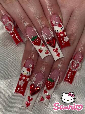  24 piezas de uñas postizas de ataúd francés largas, set de pegatinas de arte de uñas con diseño 3D de corazón de cristal de Sanrio Hello Kitty en color rosa pastel, que incluye 1 pieza de pegamento de gelatina y 1 pieza de lima, para uso diario, fiestas y bodas de mujeres, suministros de uñas