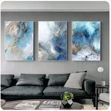 3 pezzi Pittura su tela con astratto blu e oro, immagini paesaggistiche moderne per decorazione parete del salotto di casa, design autoadesivo, facile installazione