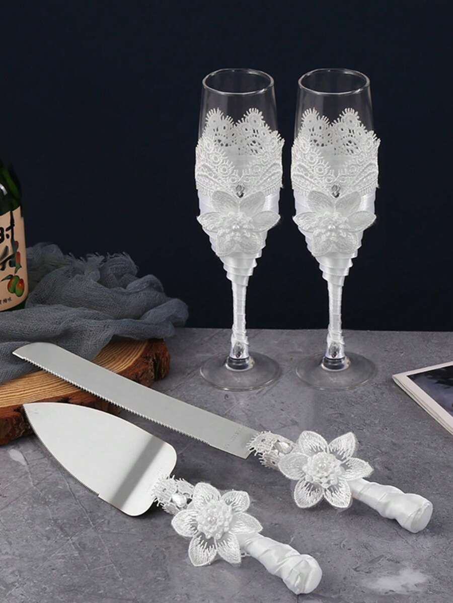 Bride & Groom Wedding Lace Flower Crystal Glass Stemware, Birthday Cake Knife & Server, Suitable For Family Gathering, Wedding, Valentine's Day, Thanksgiving, Luxury Party Champagne/Wine Glasses - Multicolor - View 1
