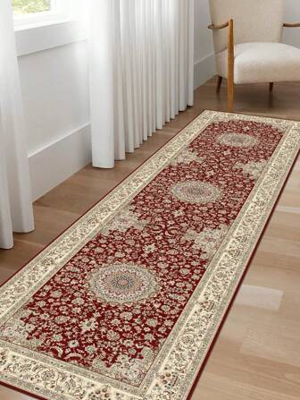1pc Vintage Pattern Carpet, Polyester Fiber Red Bohemian Geometric Pattern Rectangular Printed Rug, Comfortable Machine Washable, Suitable For Hallway, Staircase, Entrance, Bedside, Kitchen, Home Decor