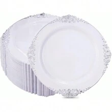 25 piezas Platos transparentes de 7.5 pulgadas/10.25 pulgadas con borde azul y dorado, reutilizables y aptos para lavavajillas, adecuados para reuniones familiares, fiestas, actividades al aire libre, eventos de trabajo en equipo, regalo de Navidad
