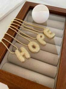 A-Z CZ Zirconia Letter Pendant Necklace, Unisex Punk Style Initial Necklace, Stainless Steel Fashionable Hip-Hop Jewelry - Gold - View 2