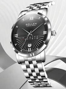 SOLLEN Silver‌ Luxury Men's Dress Watch, Stainless Steel Waterproof Business Casual Quartz Watch With Calendar, Fashionable Gift For Men