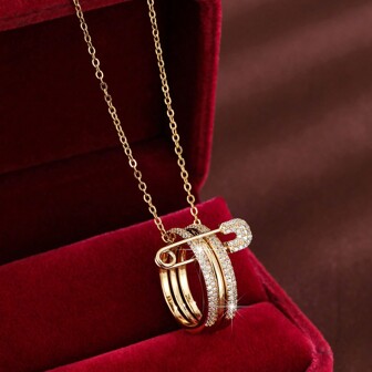 1pc Women's Necklace With Triple Circle Cubic Zirconia Pendant Design, Casual Holiday Gift