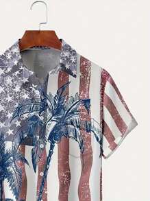 复古条纹格子印花男士休闲短袖衬衫，休闲度假清凉度假风格，男士上衣，男士礼物 - 紅色 - 查看 5