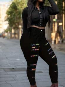 Women's High Waist Plus Size Tight Fitting Pants, Ripped Elastic Print Patchwork Fashionable Jeans, Women's Clothing & Denim