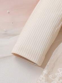 2pcs/Set Soft & Comfy Baby Girls Lace 3D Floral Patchwork Bow Front Embroidery Mesh Dress Romper Outfit With Headband - Apricot - View 3