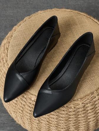 女士黑色平底鞋，防滑软底真皮休闲工作鞋，办公室女士舒适工作鞋