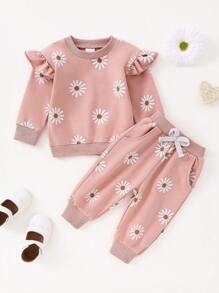 女婴秋冬粉色圆领长袖运动衫和裤子休闲套装，雏菊印花设计（带口袋） - 西瓜粉 - 查看 3