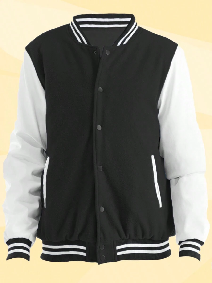 Mens Melton Faux Leather PU Sleeve Letterman Varsity Jacket Casual New Autumn Men Jacket - Đen Trắng - Xem 1