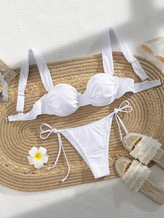 New Solid Color Soft Cup Steel Underwire Adjustable Strap Buckle Top, Tie-Up Bottom, Women's Sexy Bikini Set, For Summer Vacation