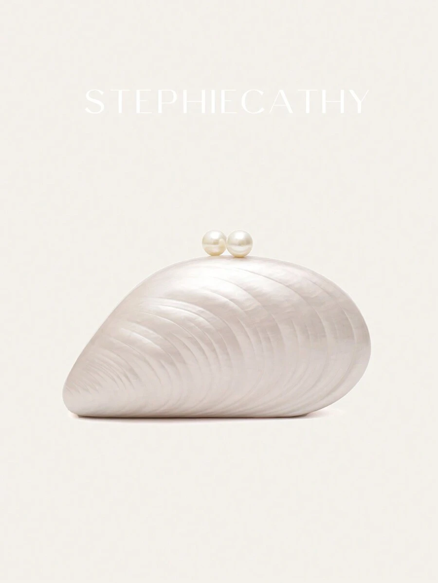STEPHIECATHY 女款時尚迷人優雅壓克力手拿包，磁吸式開合設計，貝殼造型，可裝手機，長鍊斜背晚宴包，適合婚禮、晚宴、舞會、宴會等場合，亦適合作為禮物 - 米色 - 查看 1