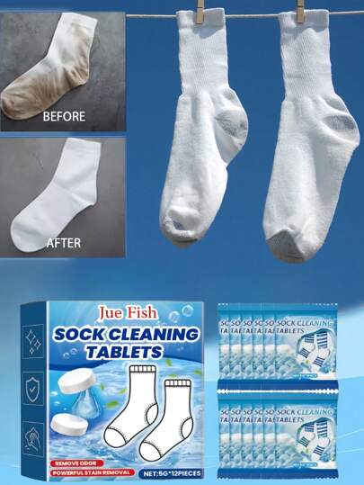 JUE FISH 1/5/Pieza Tabletas efervescentes para limpiar calcetines, limpian suavemente las manchas rebeldes, mantienen los calcetines blancos limpios y con fragancia