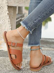 Sandalias planas de mujer estilo europeo y americano con hebilla de cristal marrón en forma de H, moda ligera y cómoda, talla grande tallas, sandalias de playa huecas, existencias disponibles