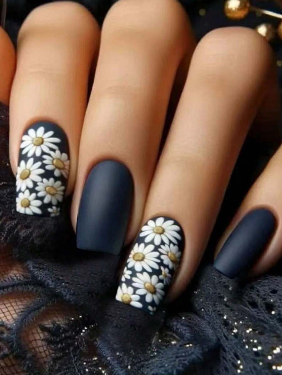24 piezas de puntas de uñas cuadradas medianas con acabado mate en diseño de flores. Incluye 1 pegamento de gel y 1 lima de uñas. Uñas postizas acrílicas perfectas para uso diario, trabajo, estudio y fiestas para mujeres y niñas. - Azul Marino - Ver 1