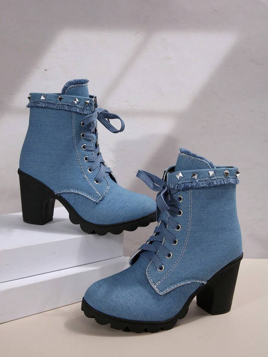 Giày bốt cổ ngắn buộc dây mũi tròn đế dày dành cho nữ, kiểu dáng thoải mái, đế cao chunky. - Màu xanh lam - Xem 1