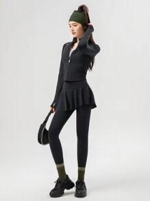 361degree Summer Workout Spring New Women Sports Yoga 2 In 1 Leggings Pants, High Waist, A-Line Asymmetrical Skirt Hem, Slimming, Comfortable, Suitable For Yoga, Fitness, Dancing, Sports, Quick-Dry, Can Be Worn Outdoors, Casual Daily Wear