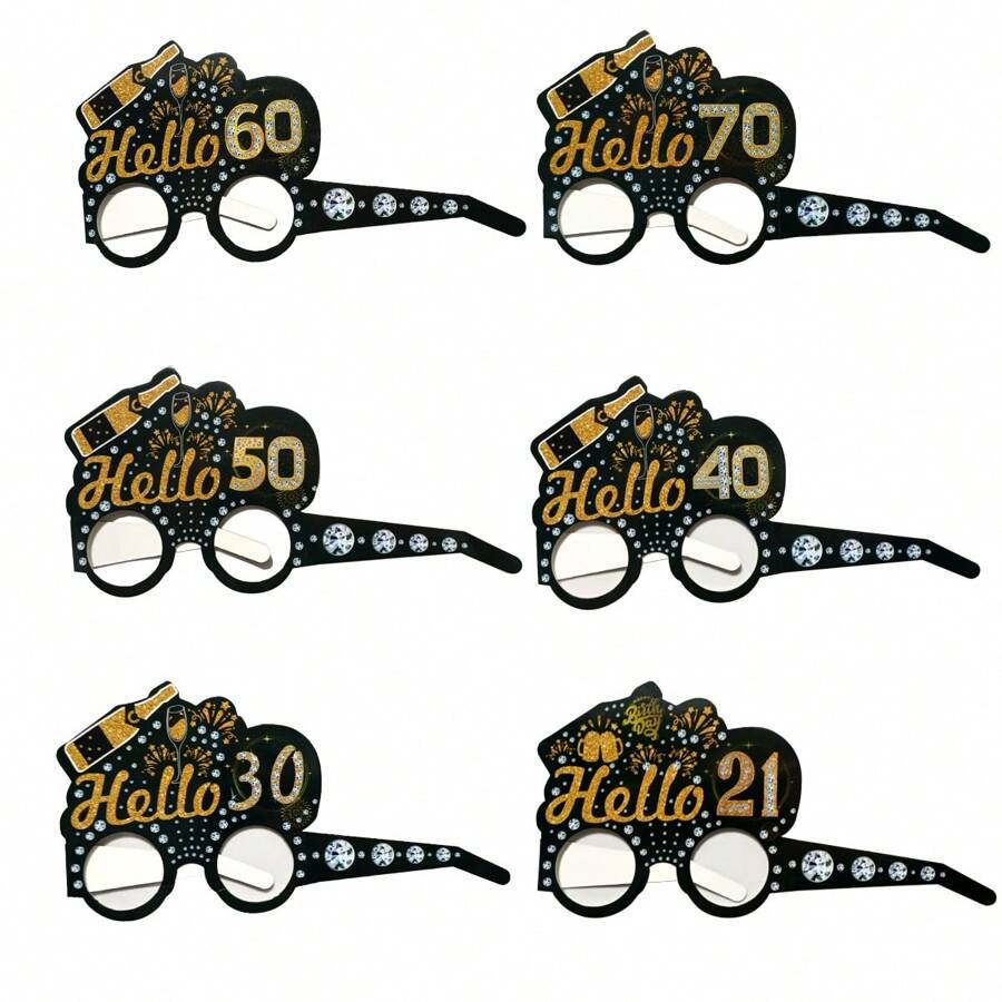 6pcs/Set Gold & Black Birthday Party Glasses For 18th/20th/21st/30th/40th/50th/60th/70th Birthday Photo Props, Suitable For Birthday Parties, Anniversary Celebrations, And Gatherings