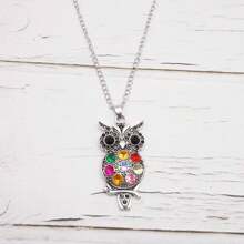 1pc Owl Necklace With Rhinestone 80cm Long Sweater Chain Necklace Antiqued Silver Style For Women Girl