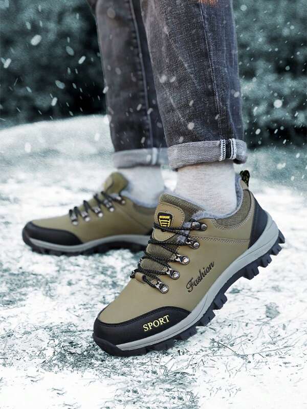 Olive Green Men's Outdoor Shoes, Lace Up Low Top Shoes With Added Lining, Winter New Arrivals, Super Light Weight & Warm, Unisex Outdoor Hiking Boots, PU Leather Plus Size, Outdoor Snow Boots, Thermal Lined, Wind Resistant, Anti-Slip, Warm & Comfortable