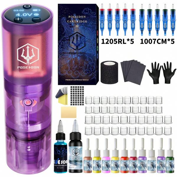 POSEIDON POSEIDON Tattoo Pen Kit, Wireless Rotary Tattoo Gun Kit, LED Color Screen Tattoo Machine Kit With 20 Pcs Tattoo Cartridge Needles, 11 Tattoo Inks For Beginners, Tattoo Gift Box