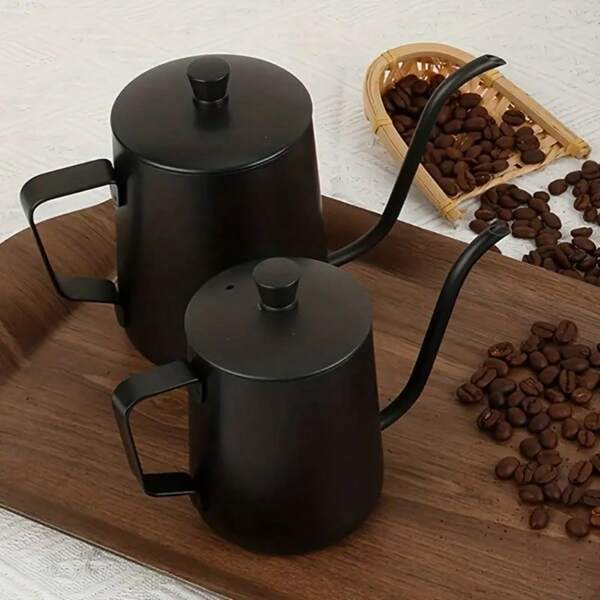 1PC Stainless Steel Thin-Mouthed Coffee Pot With Lid Black Long-Mouth Pour-Over Pot For Hand-Brewed Coffee, Ear-Hanging Design, Perfect For Camping, Household Use, And Coffee Sharing, Portable Brewing Tool, Ideal For Precision Coffee Pouring And Specialty Brewing Back To School