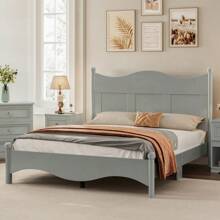 Queen Size Elegant Design Wood Platform Bed Frame,Retro Style Platform Bed With Wooden Slat Support,White, Gray - Gray + Wood - View 4