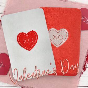 1pc, 34x75cm Coral Fleece Valentine's Day Theme Embroided XO Hearts Hand Towel For Kitchen Bathroom Decoration Fall Decor Back To School For Beauty Salon Home Bathroom Shower Towels For Beaty Salon, Hotel Sports,Home Essentials, Towel, Skin Care