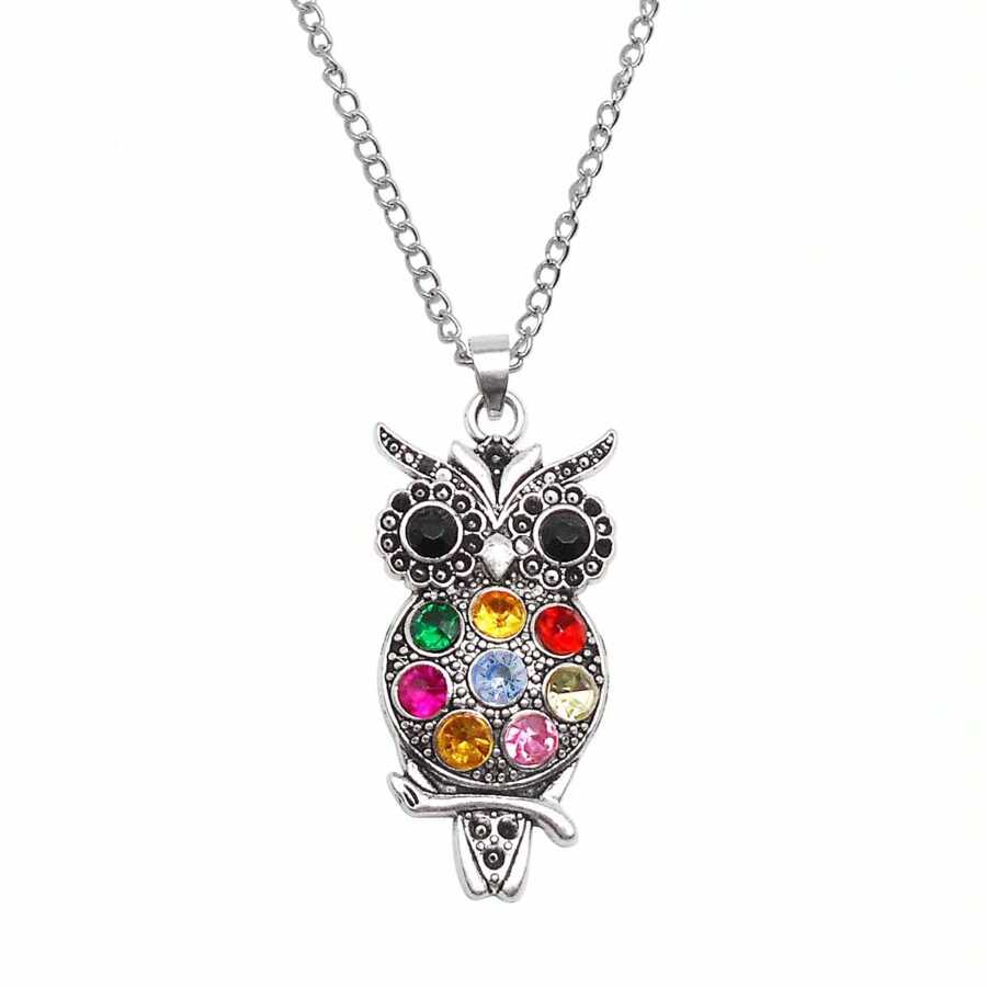 1pc Owl Necklace With Rhinestone 80cm Long Sweater Chain Necklace Antiqued Silver Style For Women Girl
