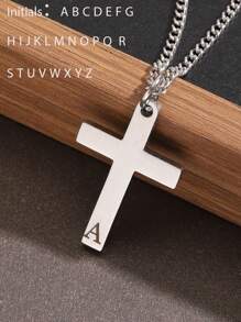 1pc Minimalist Stainless Steel Cross & 26 Letter Pendant Necklace For Men - Silver - View 1