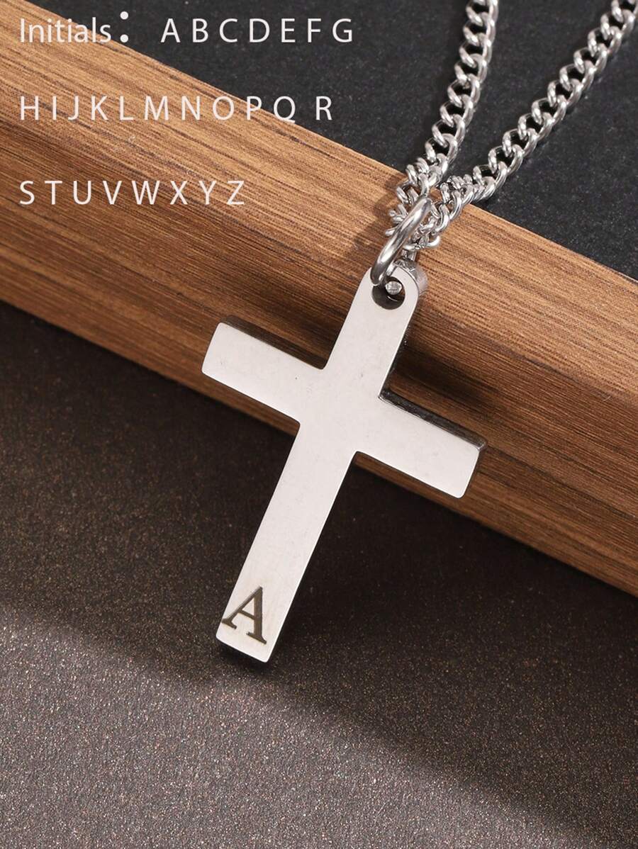 1pc Minimalist Stainless Steel Cross & 26 Letter Pendant Necklace For Men - Silver - View 1