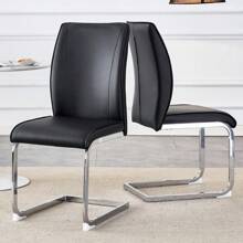 Luxury Simple Arch Chair - Set Of 2 Black PU Material High Resilience Dining Chair With Arched Metal Silver Leg.