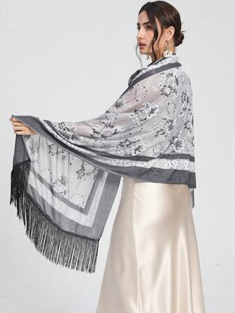 1 件植绒刺绣蕾丝 3D 植绒纯色披肩围巾，大号长款花卉围巾披肩，适合女士，优雅美丽柔软围巾，适合派对、约会