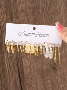 12pcs Retro Punk Geometric Square & C Shape Hoop Earrings Set, Bohemian Style Faux Pearl Big Round Earrings, Casual Daily Jewelry Set - Ideal Holiday Gift For Women