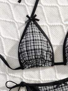 性感优雅女士沙滩格纹印花比基尼两件套，适合夏季度假 - 黑與白 - 查看 3