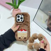 秋冬季毛绒刺绣草莓蛋糕手机壳，带毛球挂链，兼容 17 Pro Max/17 Pro/17、16 Pro Max/16 Pro/16、15 Pro Max/15 Pro/15、14 Pro Max/14 Pro/14、新款 13 Pro Max/13 Pro，简约卡通风格 - 彩色 - 查看 1