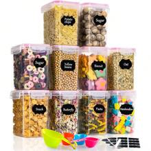 Set di 20 contenitori per alimenti, contenitori in plastica sigillati (10 contenitori + 10 coperchi) contenitori per alimenti con coperchio, set di contenitori per la cucina, piccoli contenitori per congelatore, barattoli per la conservazione, dispenser per alimenti, contenitori per la conservazione, adatti al microonde, alla lavastoviglie e al congelatore, 24 adesivi, pennarelli , Cucchiai, Rosa , 1,6 l