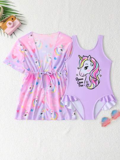 Young Girl Beach Resort Logo Unicorn Print Ruffle Trim One-Piece Swimwear With Kimono Cover-Up Set