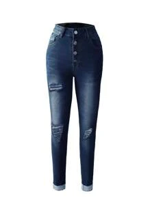 Women's Fitted Distressed Button Front Pocket Jeans