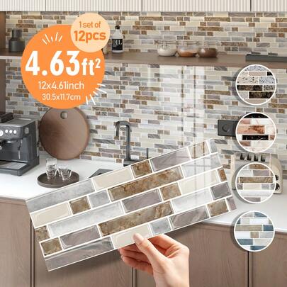 SUPSTICKER 12pcs 2D Marble Pattern Kitchen Stickers, Glossy Crystal Film Wall Stickers For Kitchen & Bathroom, Self-Adhesive Tile Stickers, Wallpaper, 12pcs*12*4.61 Inches, Stickers, Wall Decals, Vinyl Stickers, Home Decor, Spring Decor, Home Refresh, Rama Decorative Stickers