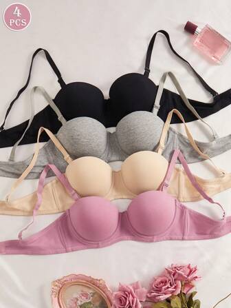 4 st. dambekväma, flerfärgade, bygelfria, mjuka halvkupor, enfärgade, push-up-bh med bygel [för liten byst]