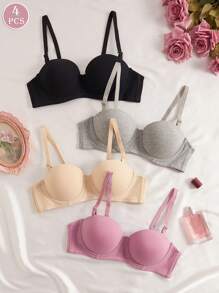 4pcs/Set Women's Comfortable Wireless Soft Unlined Bras, Solid Color, Suitable For Small Bust - Multicolor - View 3